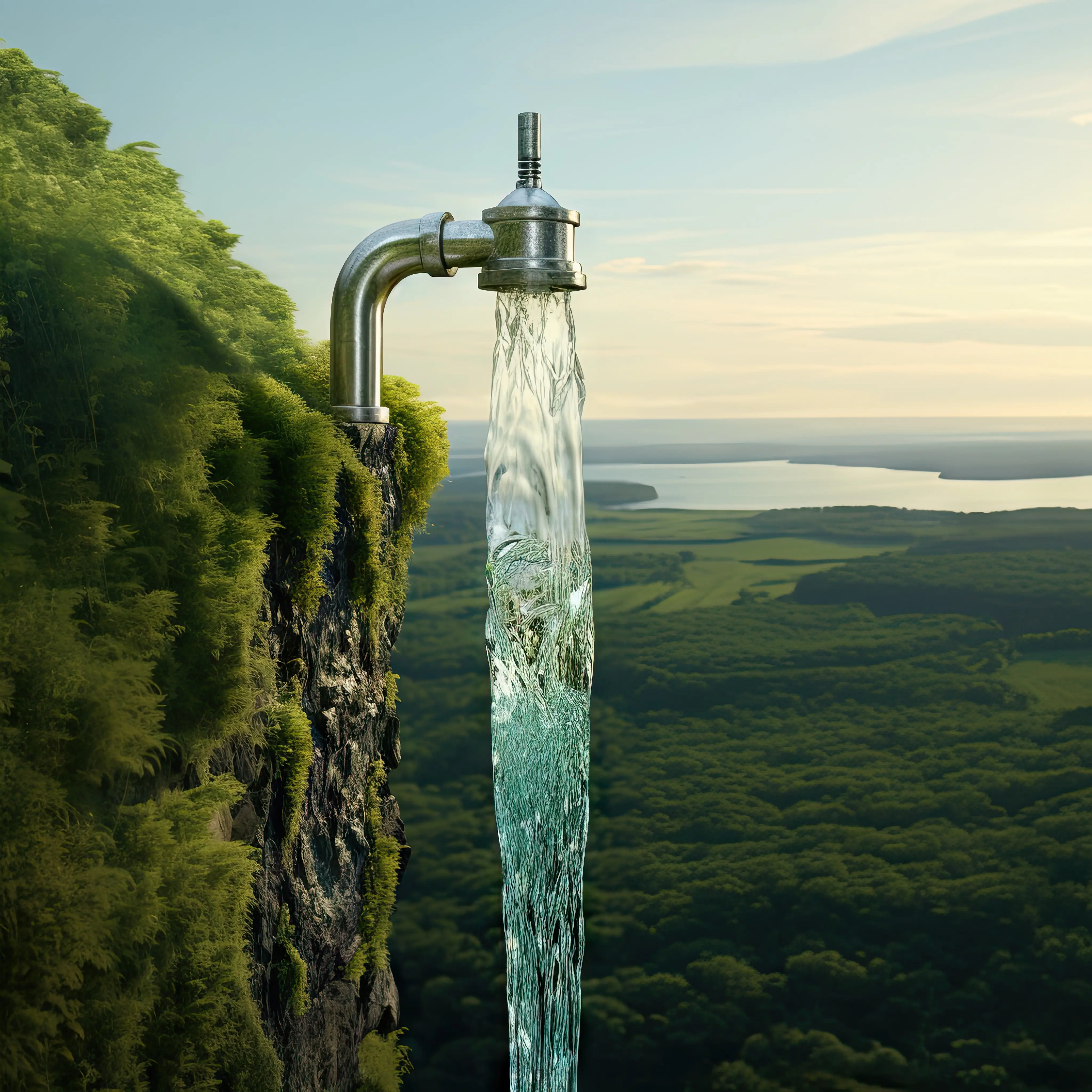 Water Treatment - Surreal landscape with running water tap representing water day awareness